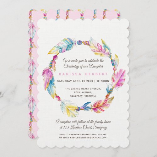 Boho feather beads watercolor pink christening invitation