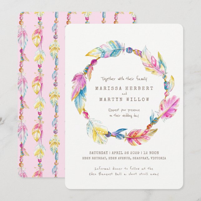 Boho feather beads watercolor pink wedding invites (Front/Back)