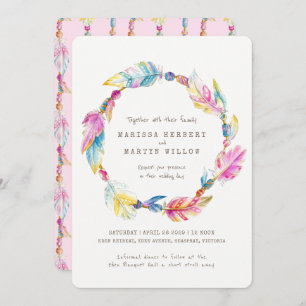 Boho feather beads watercolor pink wedding invites