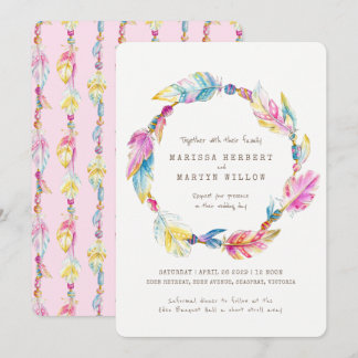 Boho feather beads watercolor pink wedding invites