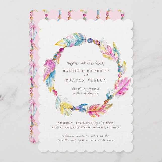 Boho feather beads watercolor pink wedding invites (Front/Back)