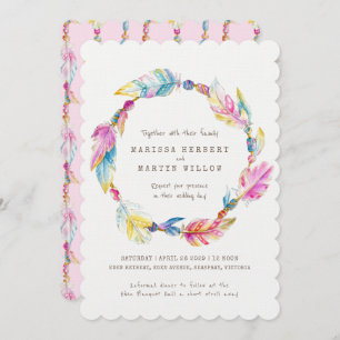 Boho feather beads watercolor pink wedding invites