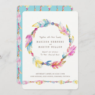 Boho feather beads watercolor rehearsal dinner invitation