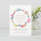 Boho feather beads watercolor wedding invites (Standing Front)