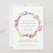 Boho feather beads watercolor wedding invites (Front)