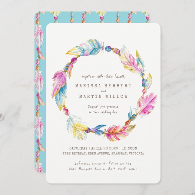 Boho feather beads watercolor wedding invites (Front/Back)