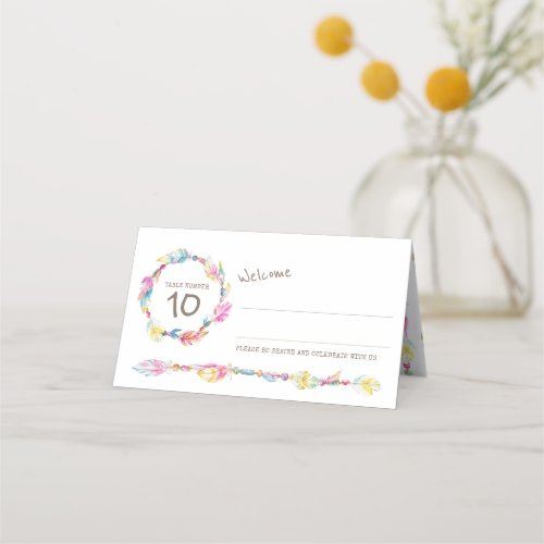 Boho feather beads wedding guest place cards