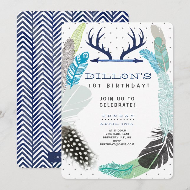 Boho Feather Birthday Invitation (Front/Back)