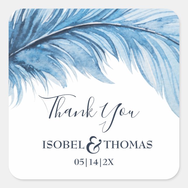 Boho Feather Blue & White Wedding Thank You Square Sticker (Front)