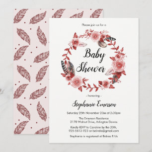 Boho Feather Burgundy Blush Baby Shower Invitation