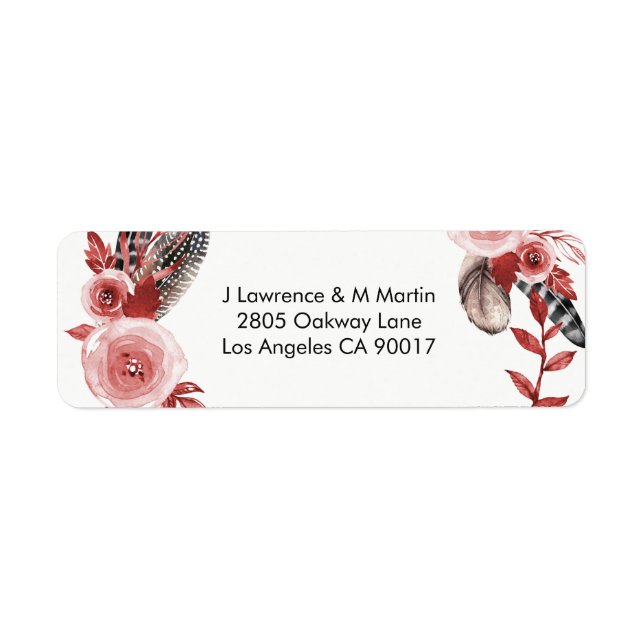 Boho Feather Burgundy Rose Wreath Address Label (Front)