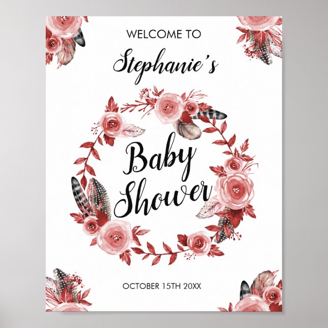 Boho Feather Burgundy Rose Wreath Baby Shower Poster (Front)