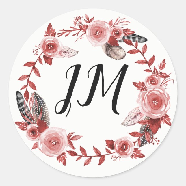 Boho Feather Burgundy Rose Wreath Monogram Wedding Classic Round Sticker (Front)