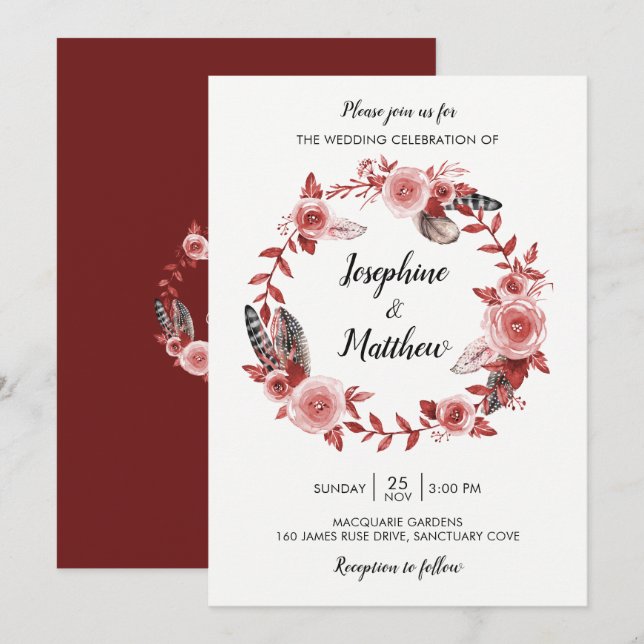 Boho Feather Burgundy Rose Wreath Wedding Invitation (Front/Back)