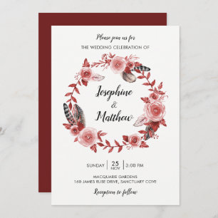 Boho Feather Burgundy Rose Wreath Wedding Invitation