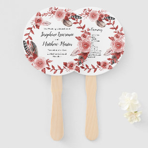 Boho Feather Burgundy Rose Wreath Wedding Programs Hand Fan