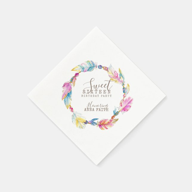 Boho feather colorful art 16th Birthday napkins (Corner)