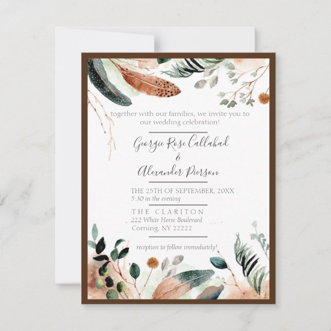 Boho Feather & Eucalyptus Wedding Invitation (Front)