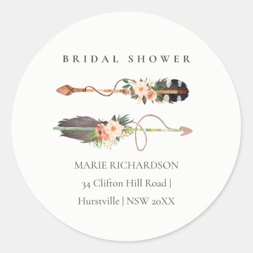 Boho Feather Floral Arrow Bridal Shower Address  Classic Round Sticker