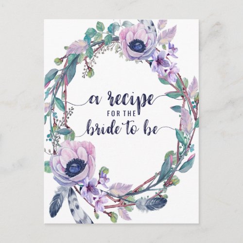Boho Feather  Floral Bridal Shower Recipe Card