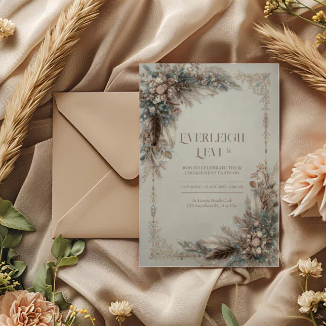Boho Feather Floral Dusty Blue Gold Frame Wedding Invitation | Zazzle