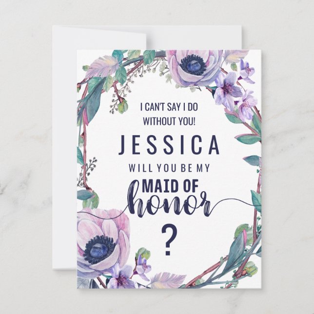 Boho Feather & Floral Will You Be My Maid of Honor Invitation (Front)