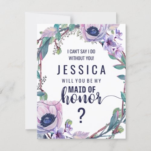 Boho Feather  Floral Will You Be My Maid of Honor Invitation