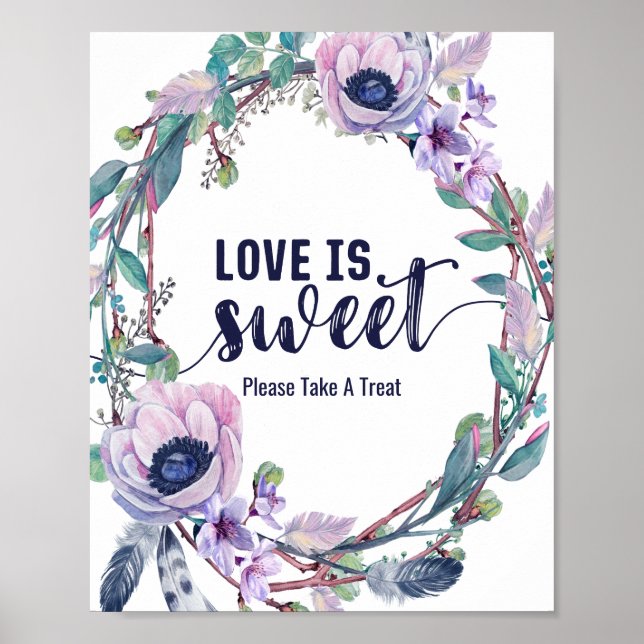 Boho Feather & Floral Wreath Wedding Love is Sweet Poster (Front)