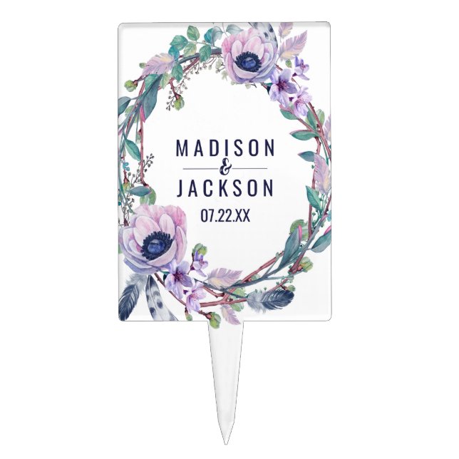 Boho Feather & Floral Wreath Wedding Monogram Cake Topper (Front)