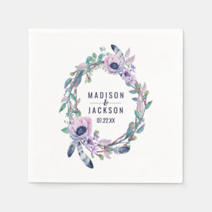 Boho Feather & Floral Wreath Wedding Monogram Napkins