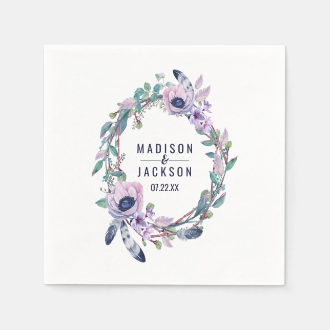 Boho Feather & Floral Wreath Wedding Monogram Napkins (Front)