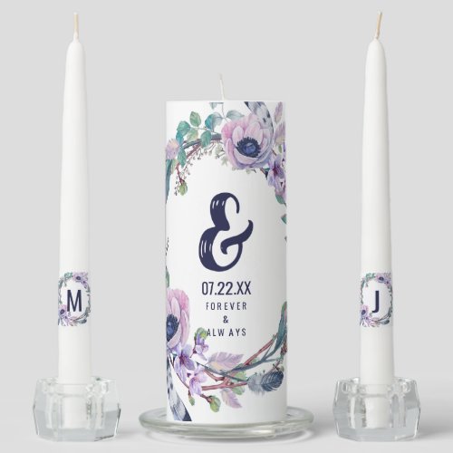 Boho Feather  Floral Wreath Wedding Monogram Unity Candle Set