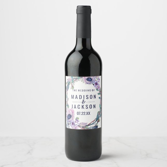 Boho Feather & Floral Wreath Wedding Monogram Wine Label (Front)