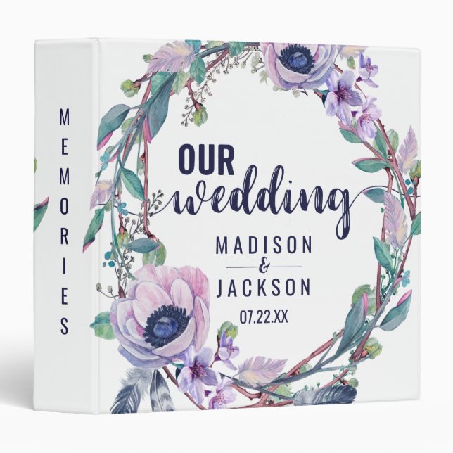 Boho Feather & Floral Wreath Wedding Photo Album Binder (Front/Spine)