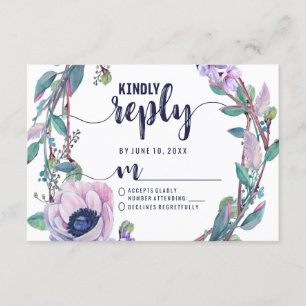 Boho Feather & Floral Wreath Wedding Reply RSVP