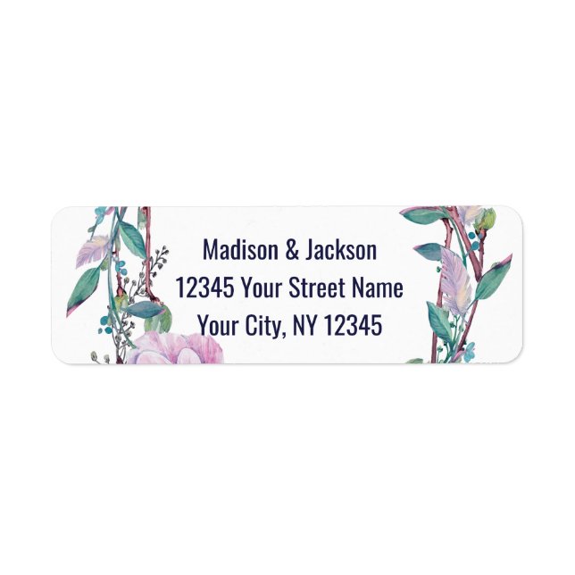 Boho Feather Floral Wreath Wedding Return Address Label (Front)
