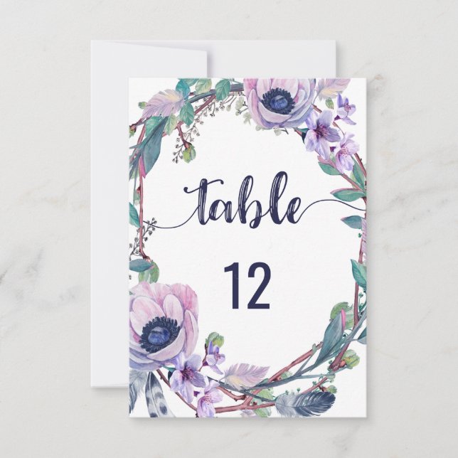Boho Feather & Floral Wreath Wedding Table Numbers (Front)