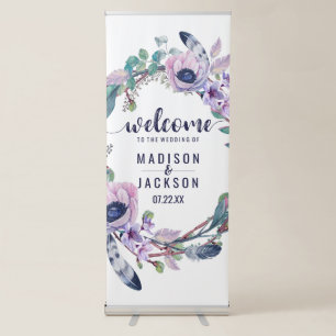 Boho Feather & Floral Wreath Wedding Welcome Retractable Banner