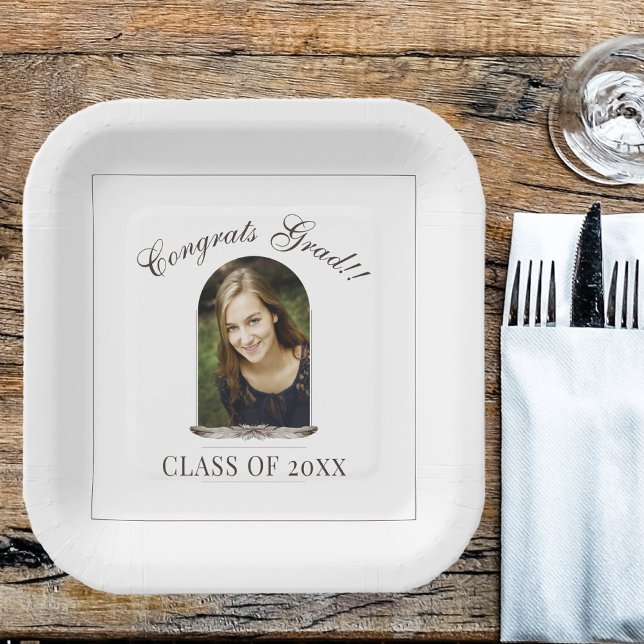 Boho Feather Frame Photo Graduation Party Paper Plates (Boho Feather Frame Photo Graduation Party Paper Plates)
