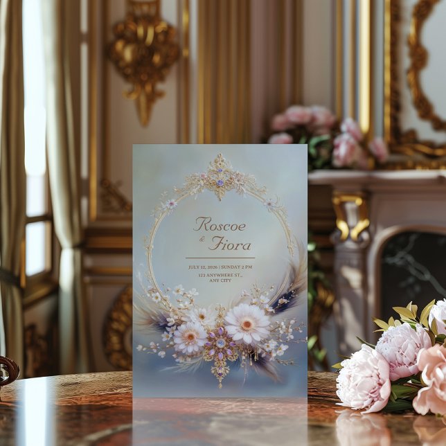 Boho Feather Gold Oval Frame Purple Jewel Wedding Invitation (Creator Uploaded)