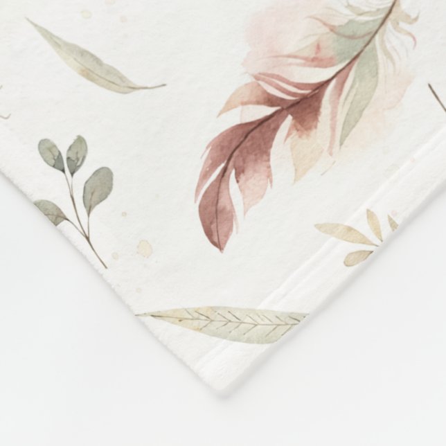 Boho Feather & Leaf Scatter Watercolour Pattern Fleece Blanket (Corner)