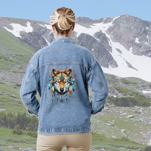 Boho Feather Native American Wolf Denim Jacket