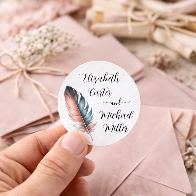 Boho Feather Pastel Elegant Wedding Round Sticker (Creator Uploaded)