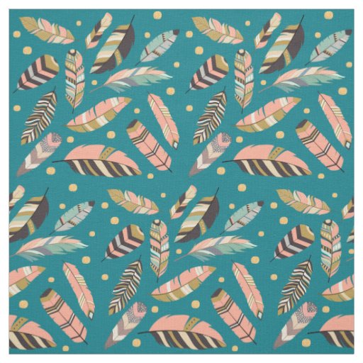 Boho Feather Pattern on Teal Fabric