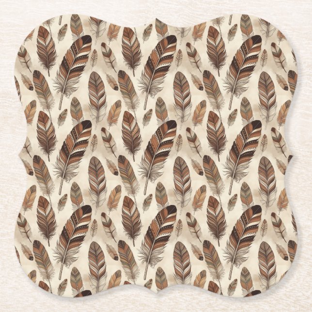 Boho Feather Pattern Paper Coaster (Front)