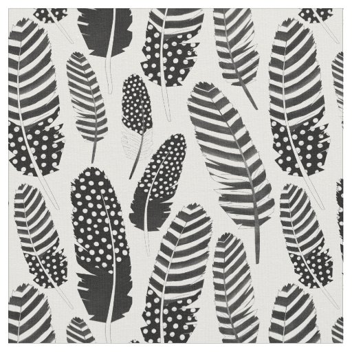 Boho Feather Pattern Watercolor Black and White Fabric