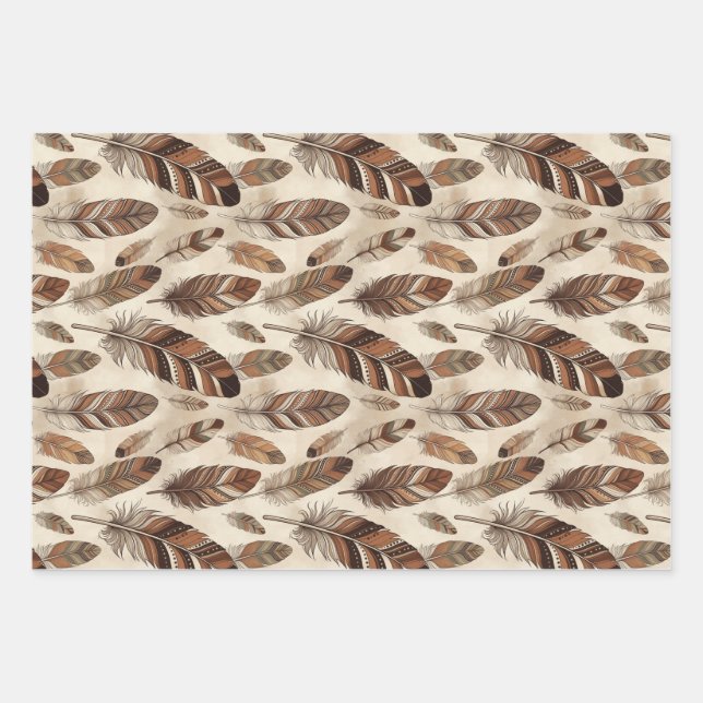 Boho Feather Pattern Wrapping Paper Sheets (Front)