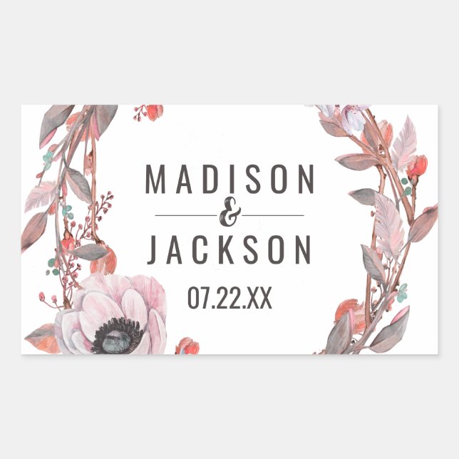 Boho Feather Peach Floral Wreath Wedding Monogram Rectangular Sticker (Front)