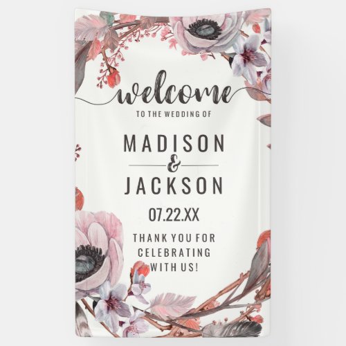 Boho Feather Peach Floral Wreath Wedding Welcome Banner