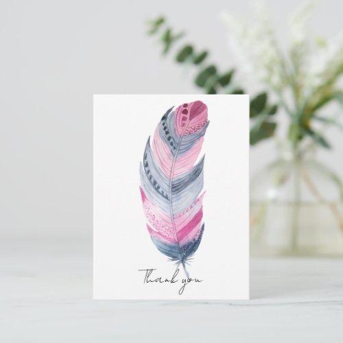 Boho Feather Pink Gray Watercolor Thank you Postcard